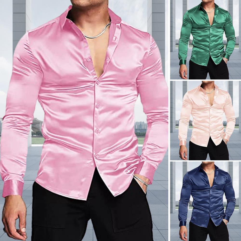Mens Satin Silk Dress Shirt - 남성용 핑크 실크 새틴 럭셔리 드레스