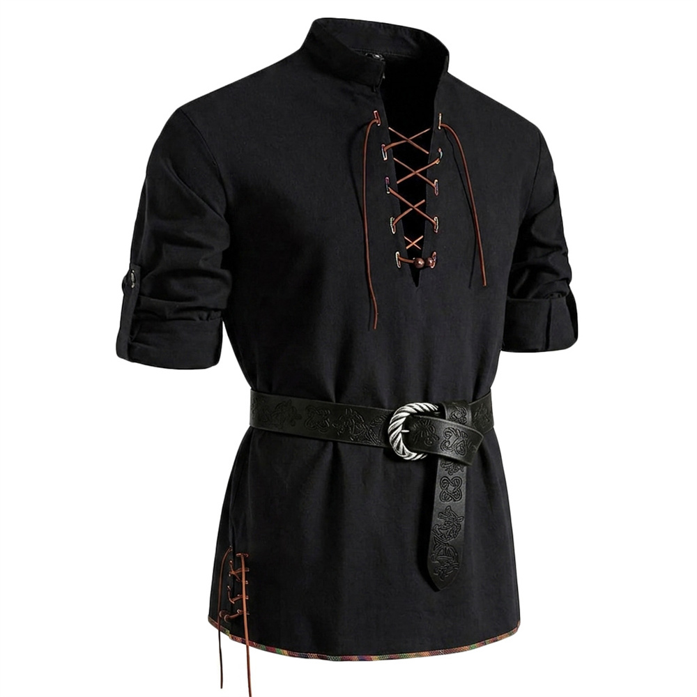 남성용 빈티지 셔츠 면 긴소매 해적 상의 레이스업 솔리 - Medieval Gothic Lace Up Pirate Shirt 리뷰 및 가격